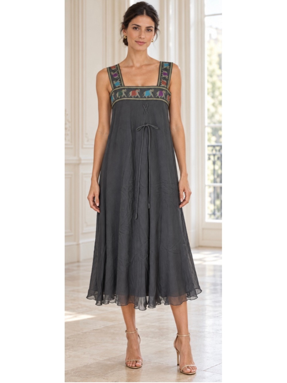Emporio Armani Midi Dress Size 44/8 Grey Elephant Print NWT! 100% Mulberry Silk